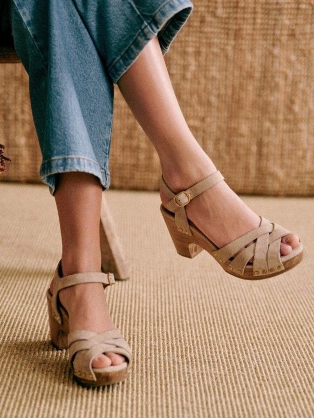 Sézane Blue Suede Wood-Platform Wedge Sandals